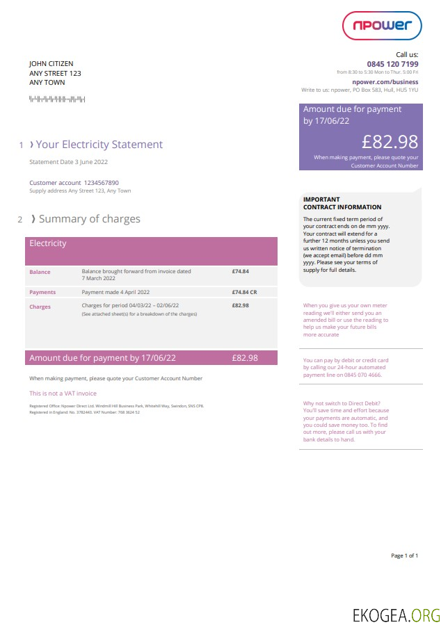 United Kingdom npower utility bill, word and pdf template